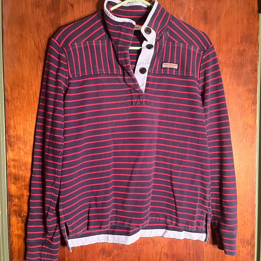 Vineyard Vines Navy and Red Striped Henley Pullover